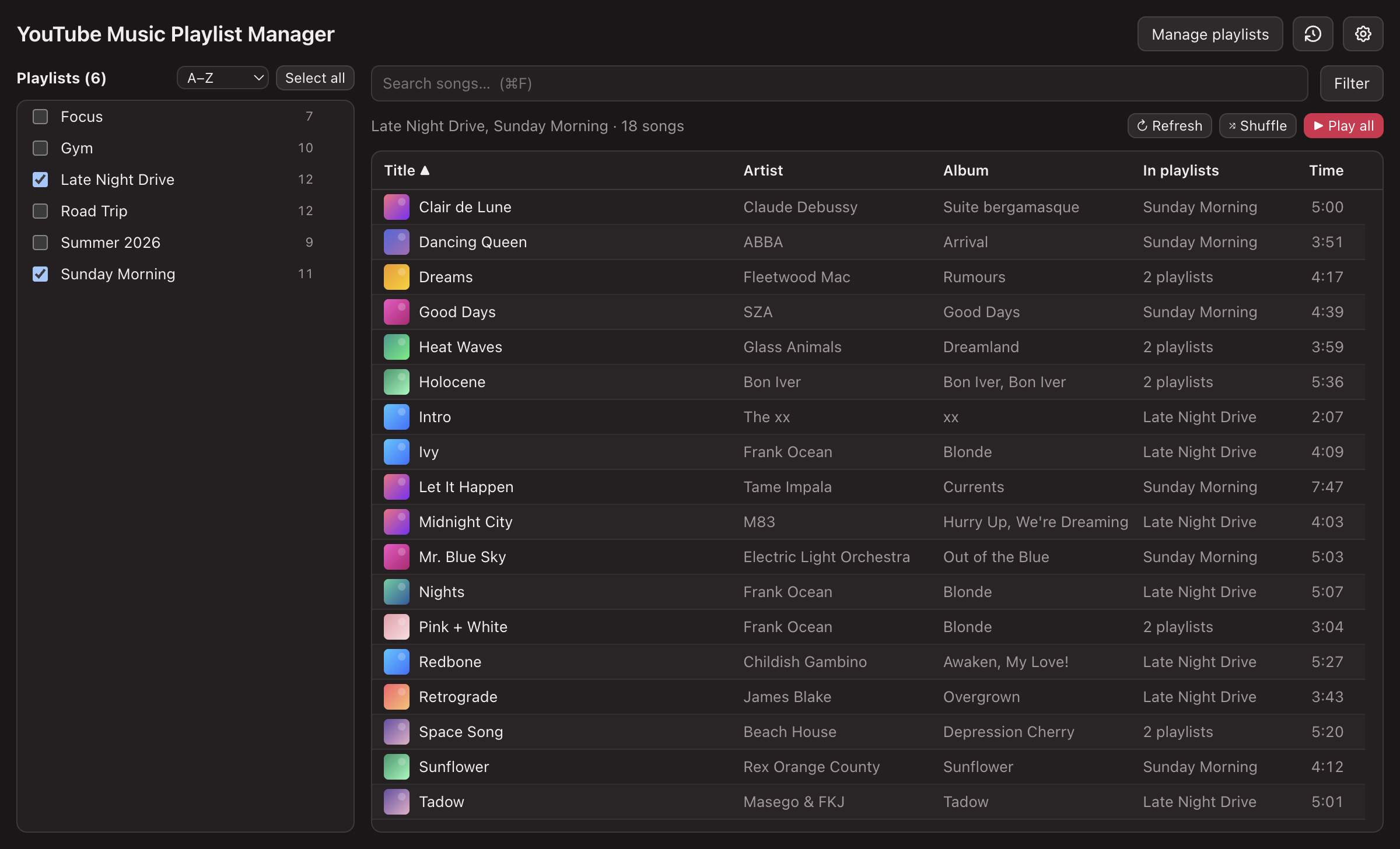 The app showing two playlists combined into one song list
